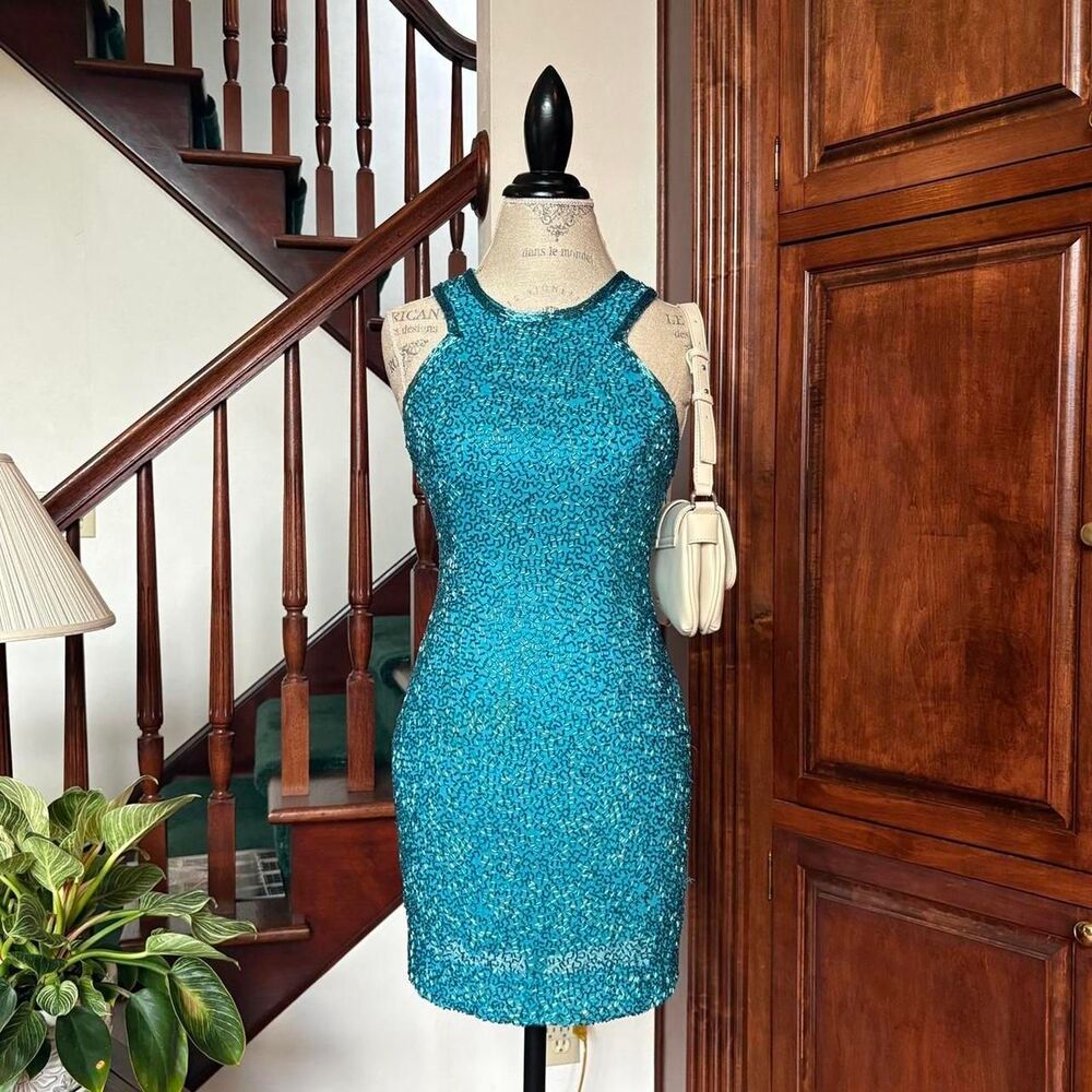 Oleg Cassini Blue Silk Cocktail Mini Beaded Dress Vintage 1980s
